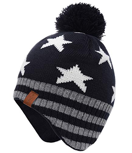 Foruhoo Jungen Mütze Strickmütze Beanie, Jungen Wintermütze Hut mit Fleecefutter(Marineblau Stern,53cm) von Foruhoo