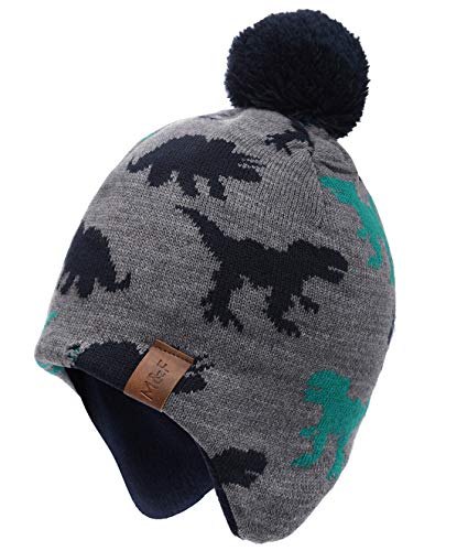 Foruhoo Jungen Strickmütze Beanie Mütze, Wintermütze Baby Kinder Hut mit Fleecefutter(Graue Dinosa,M 53cm) von Foruhoo