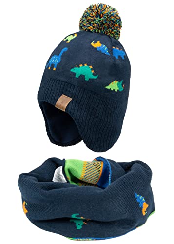 Foruhoo Jungen Wintermütze Beanie Hut, Mädchen Strickmütze Mütze mit Bommel (51, Dino Set) von Foruhoo