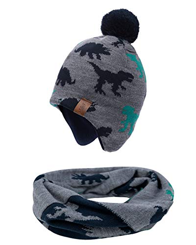 Foruhoo Jungen Wintermütze Beanie Hut, Mädchen Strickmütze Mütze mit Bommel (51, Dinosa Set) von Foruhoo