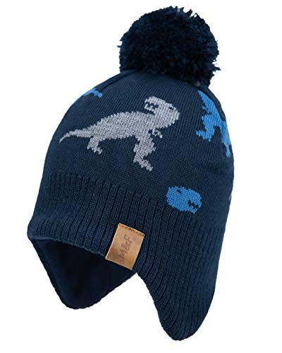 Foruhoo Jungen Wintermütze Beanie Hut, Mädchen Strickmütze Mütze mit Bommel (53, Marineblau Dinosa) von Foruhoo