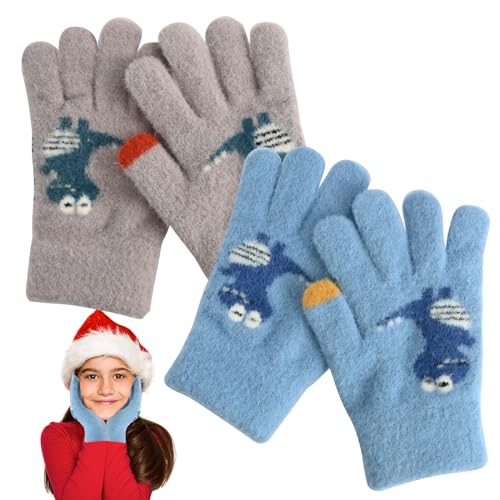 Fosoloni 2 Paar strickhandschuhe kinder, Warme Strickhandschuhe Kinder, Kinderhandschuhe Winter, Süße Handschuhe Kinder, Vollfinger Handschuhe(Grau und blau von Fosoloni