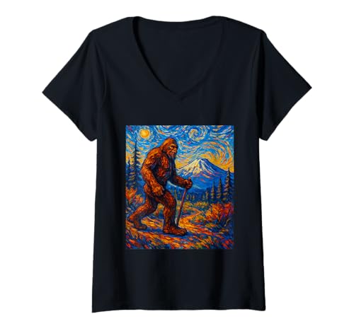 Damen Bigfoot Mount St Helens im Stil von Van Gogh's Sternennacht T-Shirt mit V-Ausschnitt Damen Bigfoot Mount St Helens im Stil von Van Gogh's Sternennacht T-Shirt mit V-Ausschnitt von Fossil Forward Cryptids