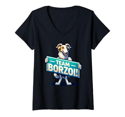 Damen Team Borsoi, Maskottchen für Hunderassen, langhaariger Windhund T-Shirt mit V-Ausschnitt Damen Team Borsoi, Maskottchen für Hunderassen, langhaariger Windhund T-Shirt mit V-Ausschnitt von Fossil Forward Dogs