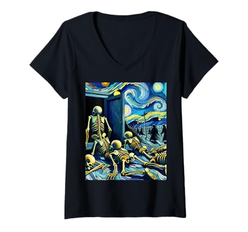 Damen Skelett an der Krypt, Van Gogh Sternennacht, Halloween T-Shirt mit V-Ausschnitt Damen Skelett an der Krypt, Van Gogh Sternennacht, Halloween T-Shirt mit V-Ausschnitt von Fossil Forward Gamestead