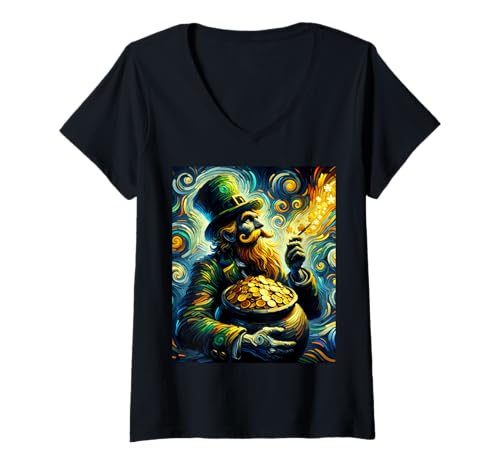 Damen Kobold-Topf mit goldfarbenem Stil der Sternennacht St. Patricks Day T-Shirt mit V-Ausschnitt Damen Kobold-Topf mit goldfarbenem Stil der Sternennacht St. Patricks Day T-Shirt mit V-Ausschnitt von Fossil Forward Holiday