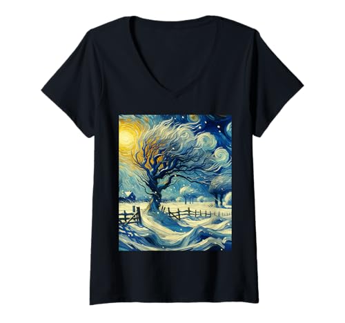 Damen Schnee-Winter-Szene, Van Gogh Sternennacht, Weihnachten T-Shirt mit V-Ausschnitt von Fossil Forward Holiday