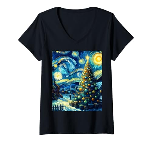 Damen Weihnachtsbaum im Schnee, Van Gogh Sternennacht T-Shirt mit V-Ausschnitt Damen Weihnachtsbaum im Schnee, Van Gogh Sternennacht T-Shirt mit V-Ausschnitt von Fossil Forward Holiday