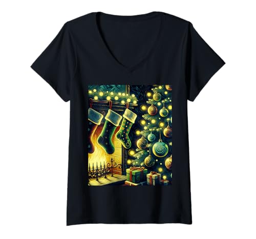 Damen Weihnachtsstrümpfe am Kamin, Van Gogh Sternennacht T-Shirt mit V-Ausschnitt Damen Weihnachtsstrümpfe am Kamin, Van Gogh Sternennacht T-Shirt mit V-Ausschnitt von Fossil Forward Holiday