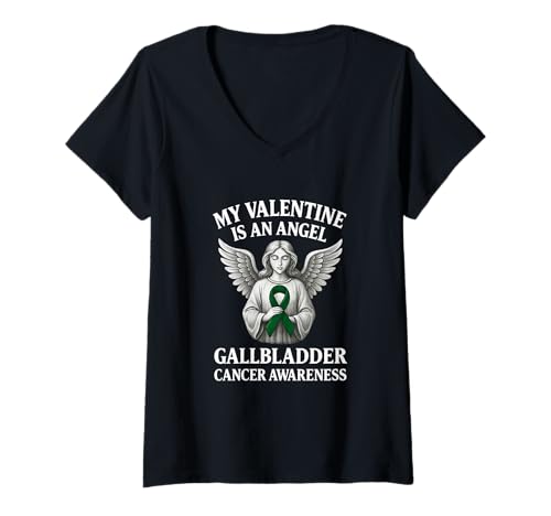 Damen My Valentine is an Angel, Bewusstsein für Gallenblasenkrebs T-Shirt mit V-Ausschnitt von Fossil Forward