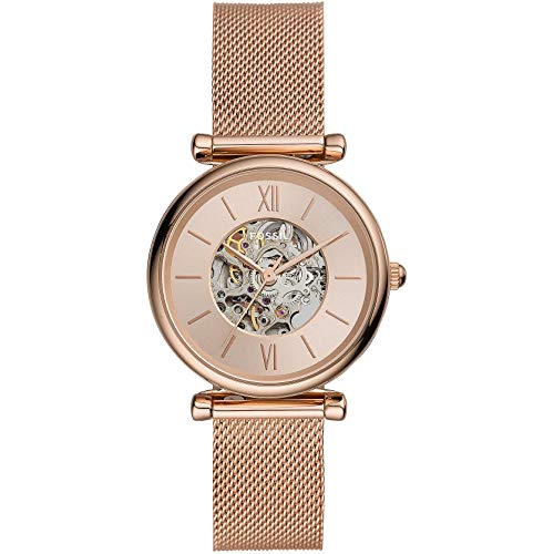 Fossil Uhr für Damen Carlie, Automatikwerk, 35mm Rose Gold Edelstahlgehäuse mit EdelstahlMeshArmband, ME3175 von Fossil