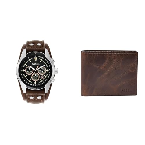 Fossil Herrenuhr Coachman, 45mm Gehäusegröße, Quarz-Chronographenwerk, Echtlederarmband Herren Derrick Leder Bifold Geldbörse 11,5 cm L x 2 cm B x 9 cm H von FOSSIL