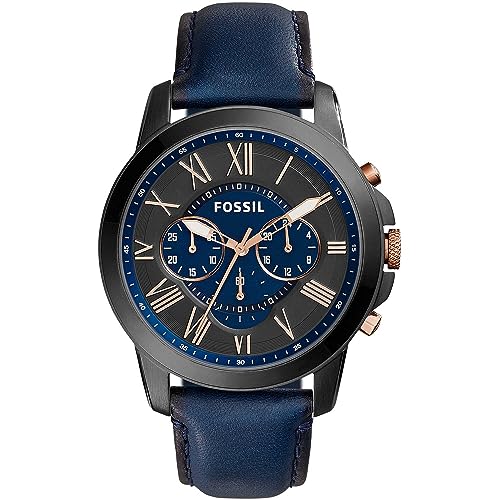 Fossil Grant uhr für Herren, Quarz-Chronographenwerk, mit Edelstahl- oder Lederarmband, Blau und Schwarz, 44MM von Fossil