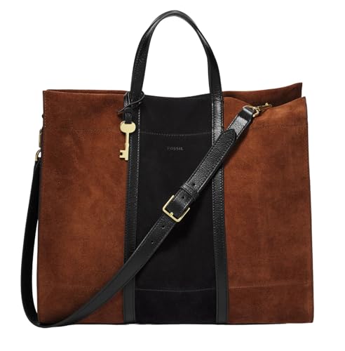 Fossil Tasche für Frauen Carmen, Leder/Leder, Polyurethan, Wildlederbesatz Tote braun/schwarz 38,1 cm L x 15,9 cm B x 33 cm H ZB7891199 von Fossil