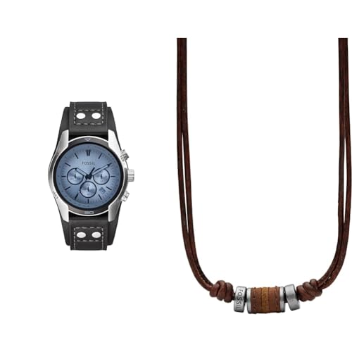 Fossil Coachman Uhr für Herren, Chronographenwerk mit Edelstahl- oder Lederarmband, Blau, 45MM & Herren Halskette aus Edelstahl und Leder 0.6 x 41.1 x 2.2 von FOSSIL