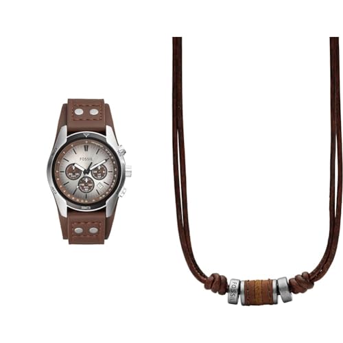 Fossil Coachman Uhr für Herren, Chronographenwerk mit Edelstahl- oder Lederarmband, Braun, 45MM & Herren Halskette aus Edelstahl und Leder 0.6 x 41.1 x 2.2 von FOSSIL