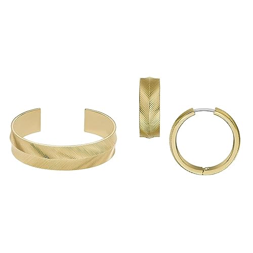 Fossil Damen Manschettenarmband und Ohrringe Harlow Linear Texture, goldfarbener Edelstahl von FOSSIL