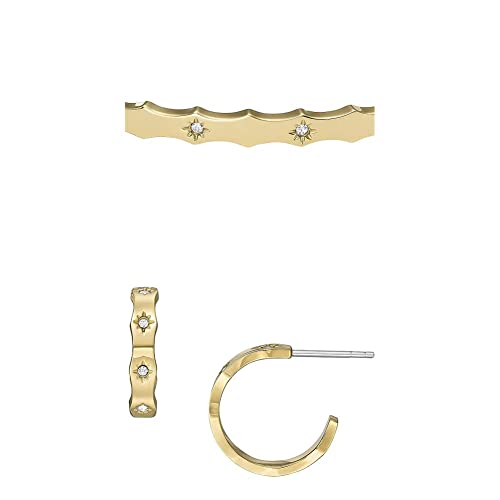 Fossil Damenarmspange Sutton Scalloped Edge Edelstahl goldfarben, JF04379710 + Creolen-Ohrringe Sutton Scalloped Edge für Damen Edelstahl goldfarben, JF04380710 von FOSSIL