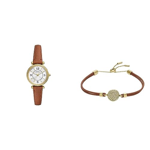 Fossil Damenuhr Carlie und Komponenten Armband Sadie - Goldfarbene Edelstahluhr und Glitz Disc Medium Brown Lederarmband von Fossil