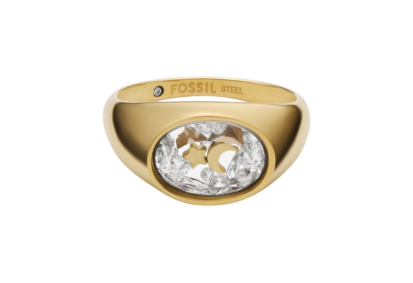 Fossil Fingerring Schmuck Geschenk Edelstahl SADIE Mond Stern, mit Zirkonia (synth) - mit Perle (synth) von Fossil