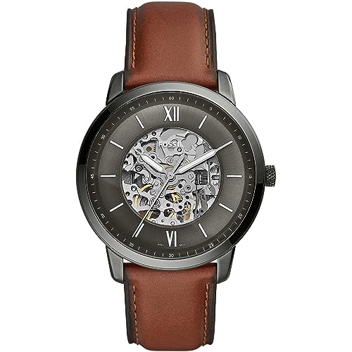 Fossil Neutra uhr für Herren, Automatikuhrwerk mit Edelstahl- oder Lederarmband, Dunkelgrau und Hellbraun, 44MM von Fossil