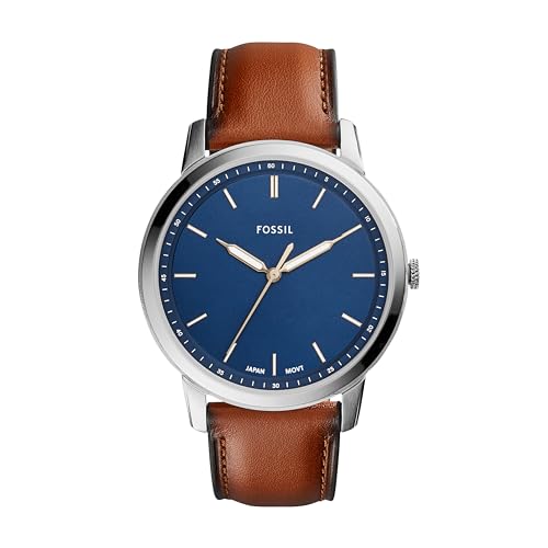 Fossil Minimalist uhr für Herren, Quarzwerk mit Edelstahl- oder Lederarmband, Blau und Braun, 44MM von FOSSIL