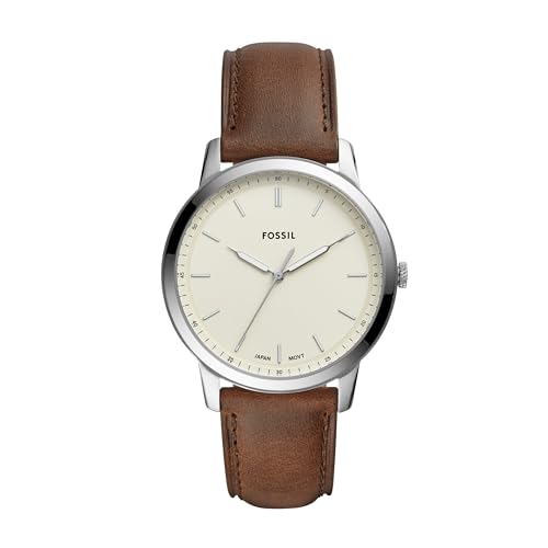 Fossil Minimalist uhr für Herren, Quarzwerk mit Edelstahl- oder Lederarmband, Weiß und Tan, 44MM von Fossil