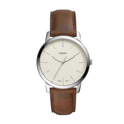 Fossil Minimalist uhr für Herren, Quarzwerk mit Edelstahl- oder Lederarmband, Weiß und Tan, 44MM von FOSSIL