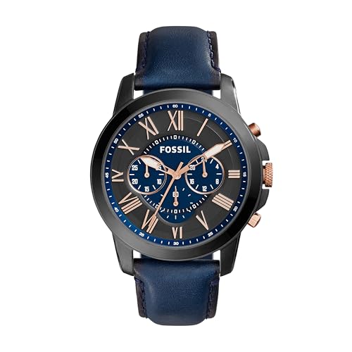 Fossil Grant uhr für Herren, Quarz-Chronographenwerk, mit Edelstahl- oder Lederarmband, Schwarz und Blau, 44MM von Fossil