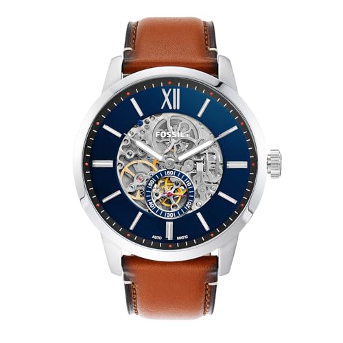 Fossil Townsman uhr für Herren, Automatikuhrwerk mit Edelstahl- oder Lederarmband, Silberton und Braun, 48MM von Fossil