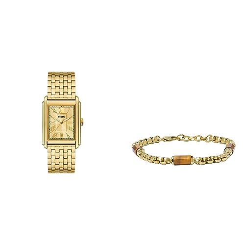 Fossil Herrenuhr Carraway und Komponentenarmband All Stacked Up - Dreizeigeruhrwerk, goldfarbener Edelstahl und braunes Tigerauge-Armband von FOSSIL