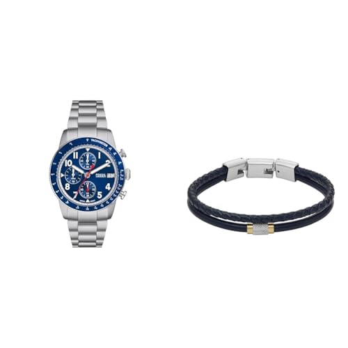 Fossil Herrenuhr Sport Tourer Silber Edelstahl und Armband Jewelry Blaues Leder, Set von Fossil