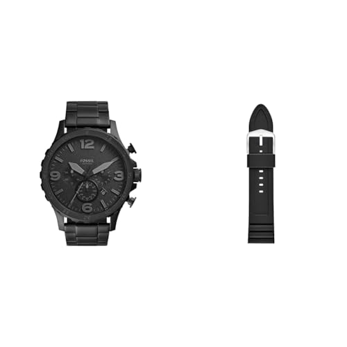 Fossil Men's Nate Stainless Steel Watch and Replaceable Silicone Strap, Black Set von Fossil