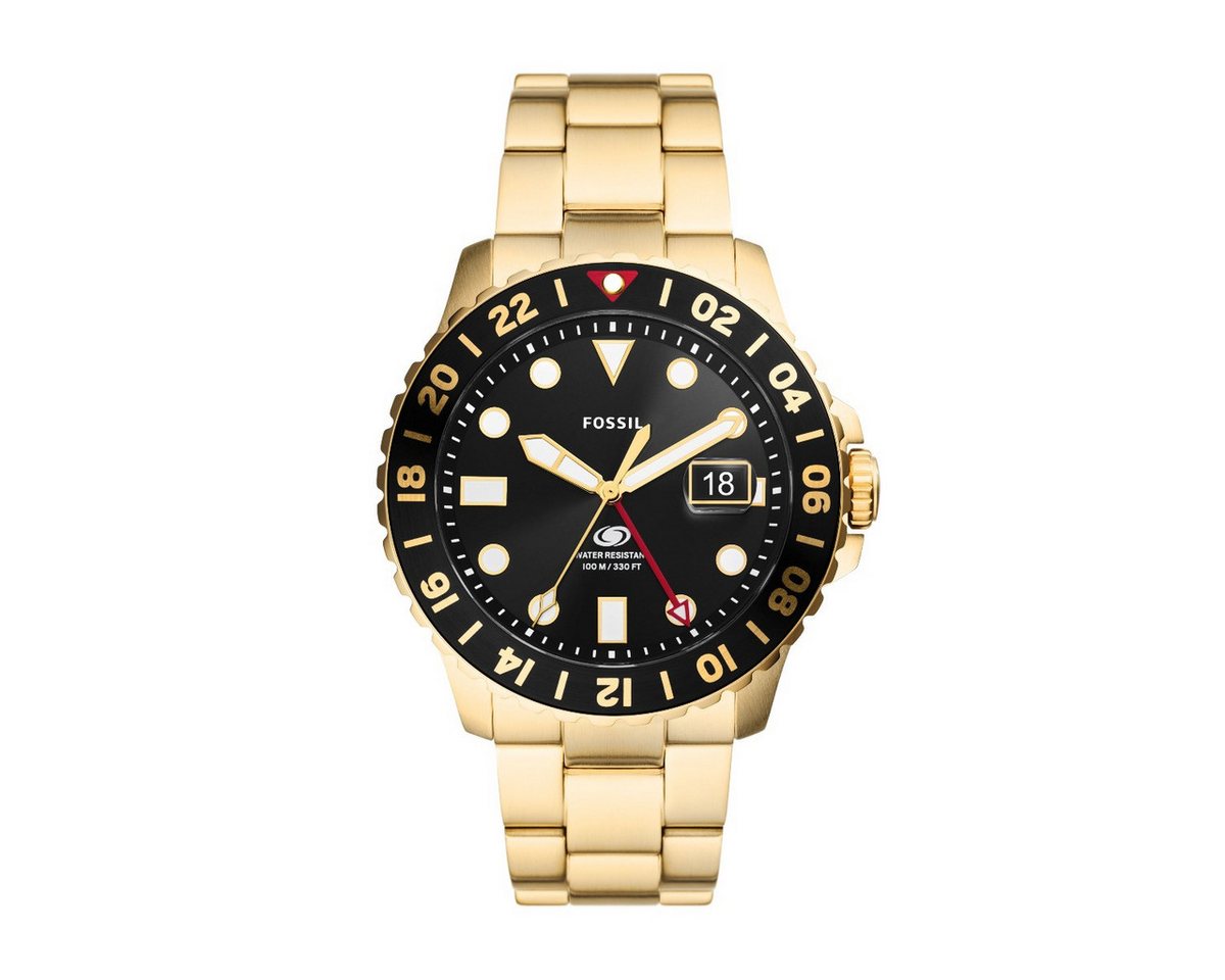 Fossil Quarzuhr FS5990 Herren-Uhr Blue GMT Analog Quarz Edelstahl-Band Gold-Ton Ø 46 von Fossil
