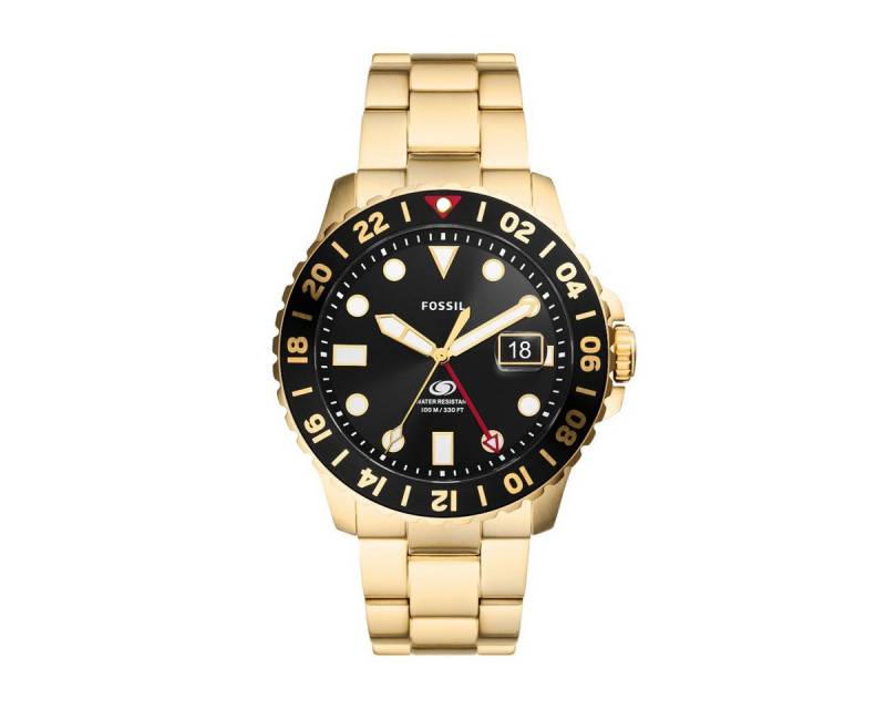 Fossil Quarzuhr FS5990 Herren-Uhr Blue GMT Analog Quarz Edelstahl-Band Gold-Ton Ø 46 von Fossil