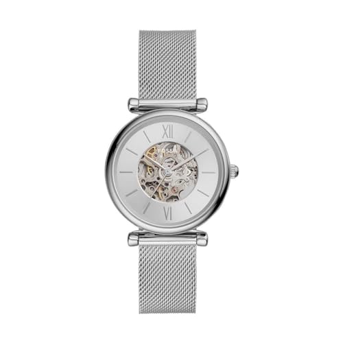 Fossil Uhr für Damen Carlie, Automatikwerk, 35mm Silbernes Edelstahlgehäuse mit EdelstahlMeshArmband, ME3176 von Fossil