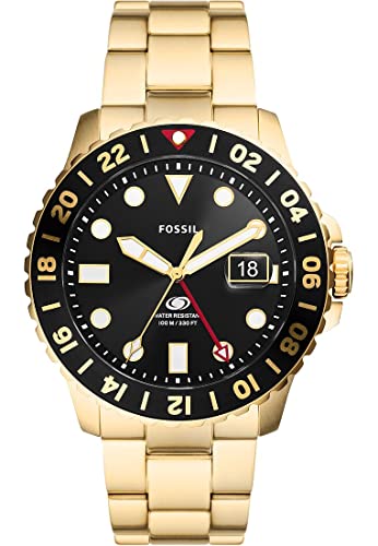 Fossil Blue uhr für Herren, GMT Uhrwerk mit Edelstahl- oder Lederarmband, Gold-Ton, 46MM von FOSSIL