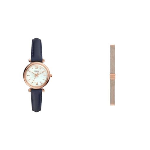 Fossil Women's Carlie Blue Leather Watch and Replaceable Rose-Gold Stainless Steel Strap, Set von Fossil