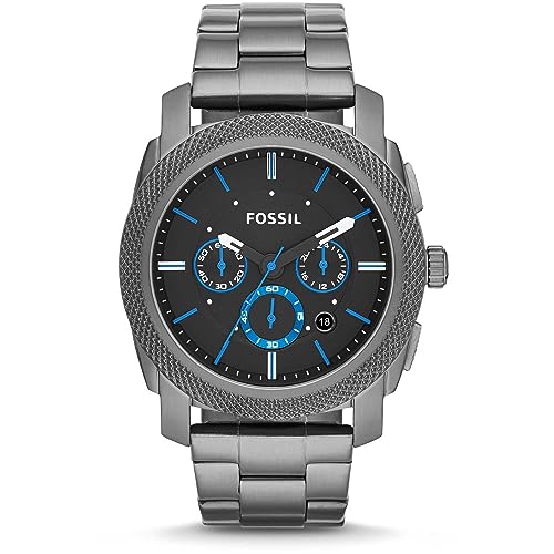 Fossil Machine uhr für Herren, Chronographenwerk mit Edelstahl- oder Lederarmband, Grau und Blau, 45MM von Fossil