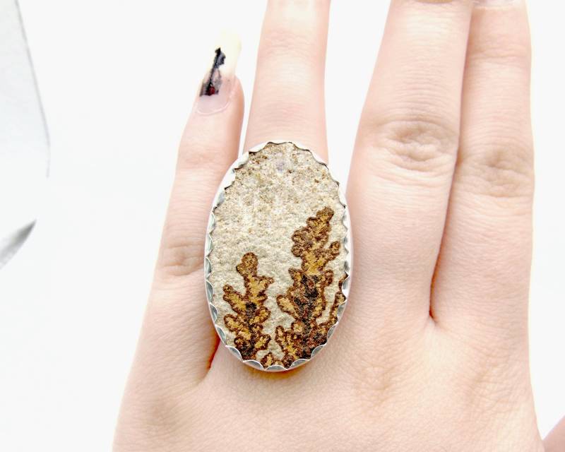 Dendrit Ring in Sterling Silber - Fossil Stein Us Size 7 Großer Rohstein von FossilPhilosophy