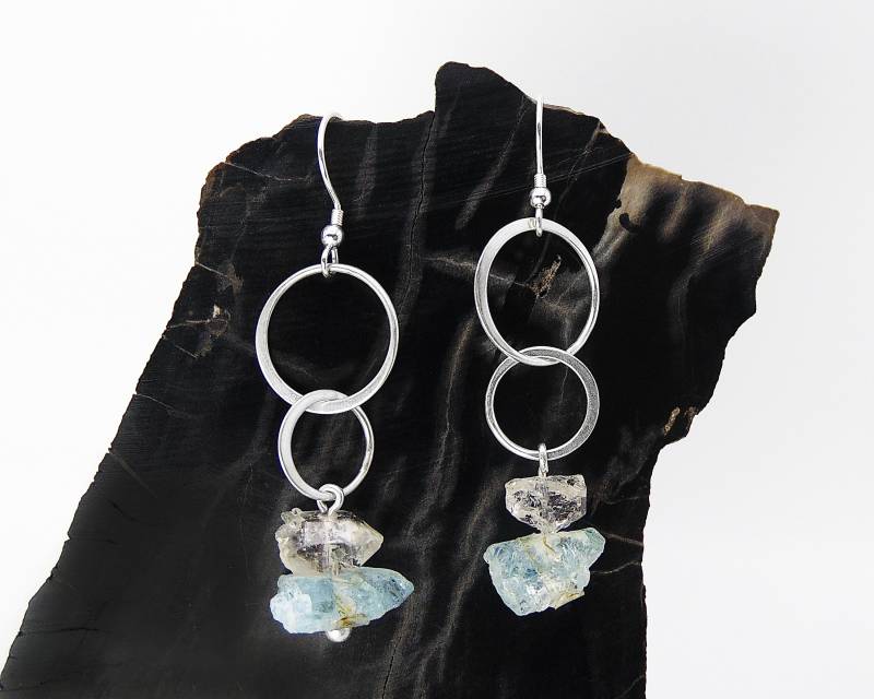 Herkimer Diamant Und Roh Aquamarin Ohrringe in Sterling Silber - Rohe Handgefertigt von FossilPhilosophy