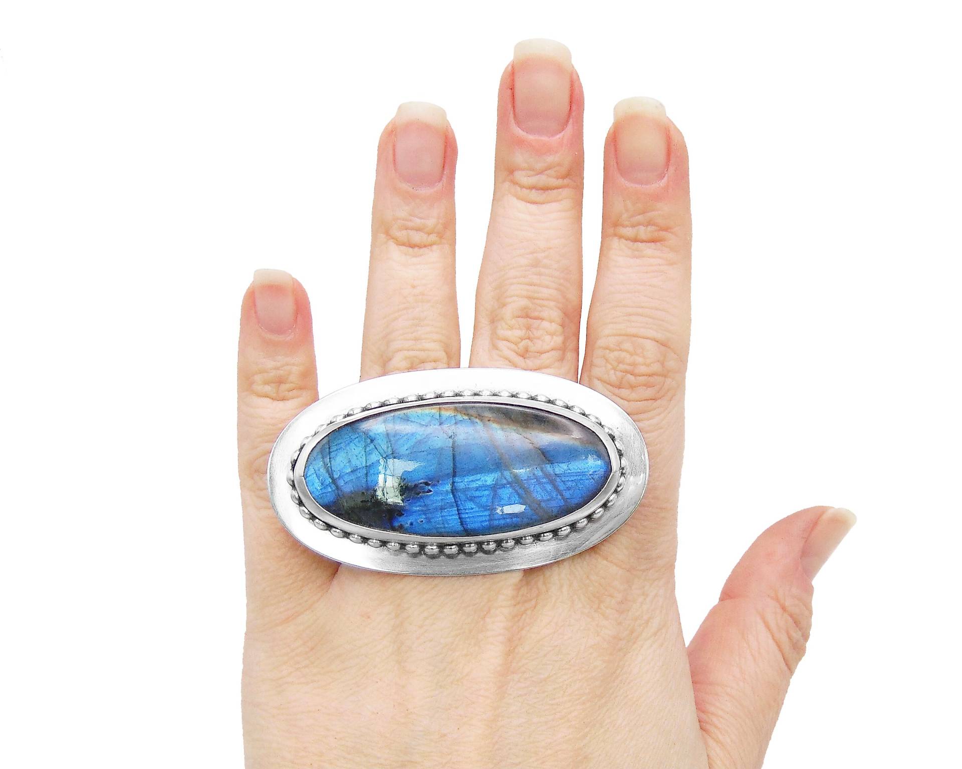 Riesiger Labradorit Zwei Fingerring in Sterling Silber - Verstellbarer Doppel Blauer Blitz Für Linke Hand Passend Großer Stein Ring von FossilPhilosophy