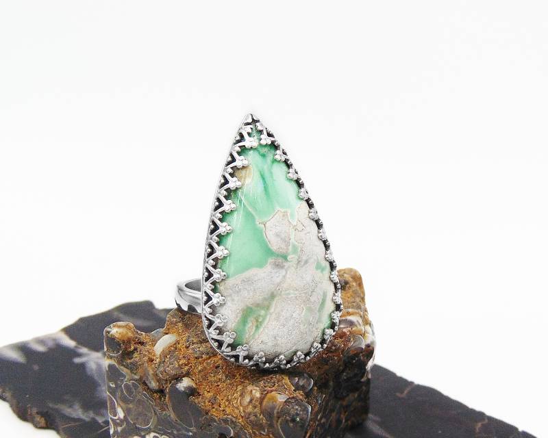 Variscit Ring in Sterling Silber - Us Größe 8 Verstellbar Handgemachter Natürlicher Großer Mint Grüner Aus Stein von FossilPhilosophy