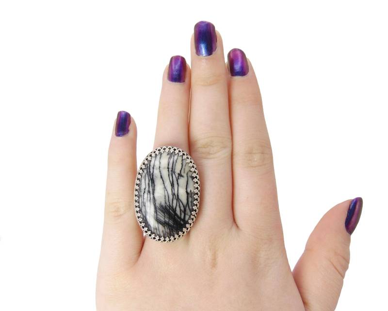 Zebra Jaspis Ring in Sterling Silber - Us Größe 39 Schwarz Und Weiß Edelstein Großer Stein Handgemachter Schmuck von FossilPhilosophy