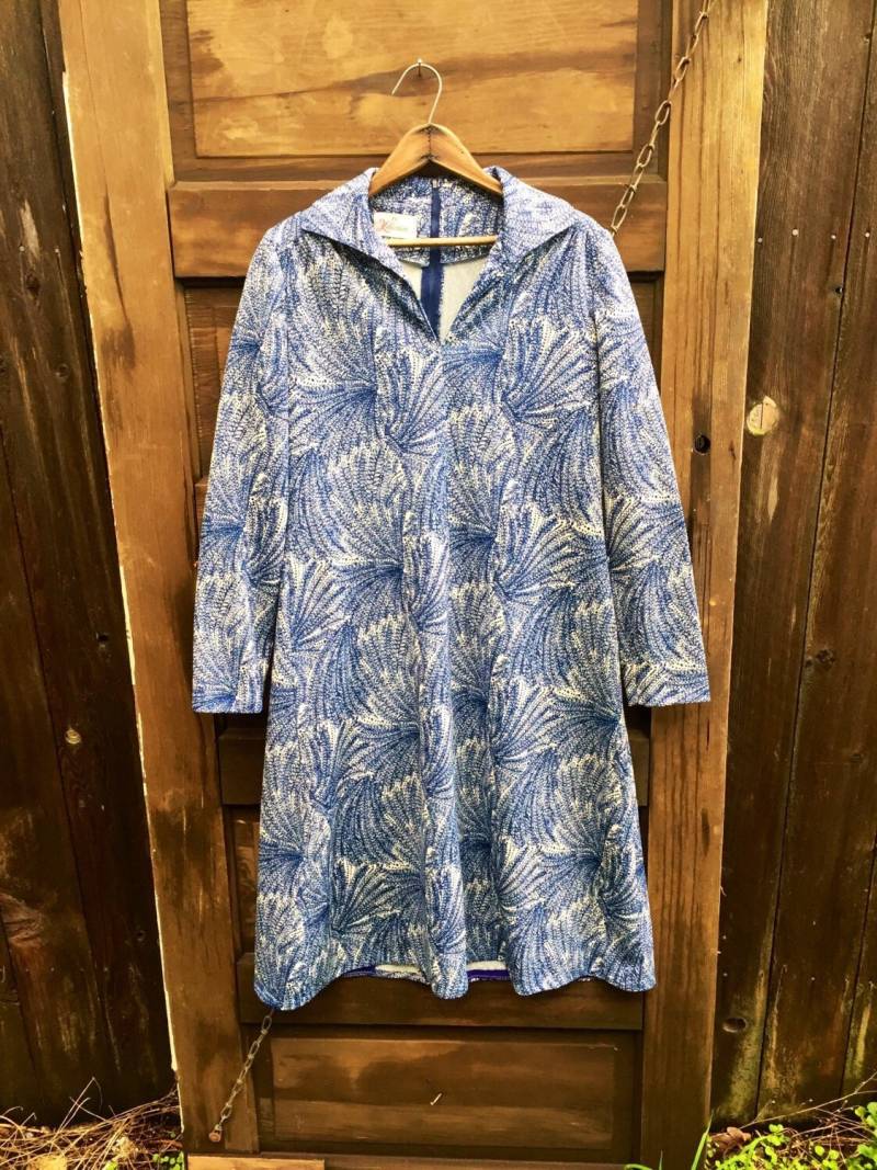 Vintage 60Er Blau Und Weiß Farn Neuheit Print Langarm Midi Kleid Von The Kollection von FossilizedFeather
