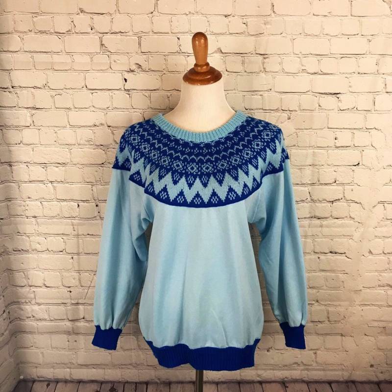 Vintage 70Er Blau Gemustert Strick Acryl Und Sweatshirt Combo Pullover Größe Large Unisex von FossilizedFeather