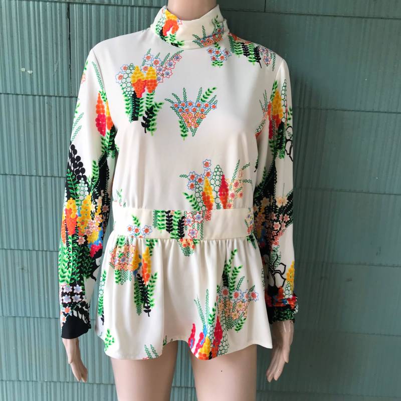 Vintage 70Er Mod Unikat Novelty Print Floral Polyester Langarm Mock Neck Tunika Top Größe Groß von FossilizedFeather