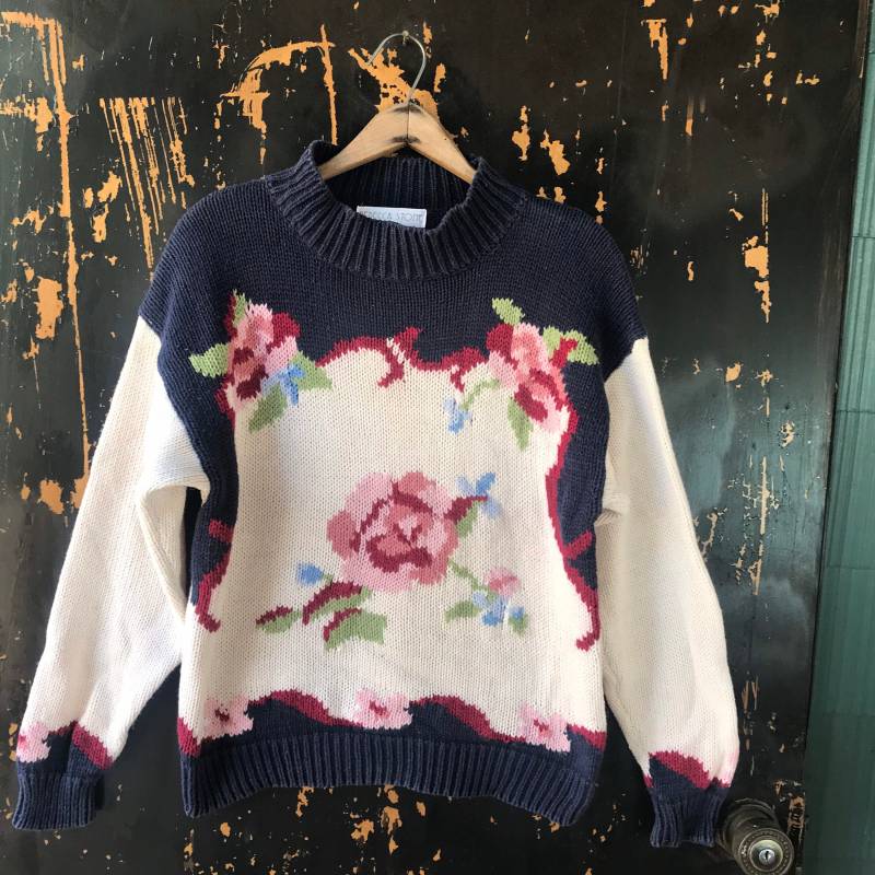 Vintage 90Er Jahre Damen Navy Und Weiß Mit Blumenmuster Pullover Semi Mock Neck Größe Medium/Large Von Rebecca Stone von FossilizedFeather