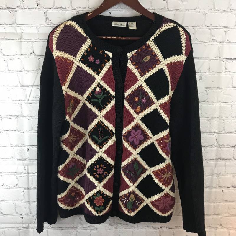 Vintage 90Er Jahre Damen Strick Floral Patchwork Argyle Cardigan Sweater Von David Loren Größe Extra Large von FossilizedFeather