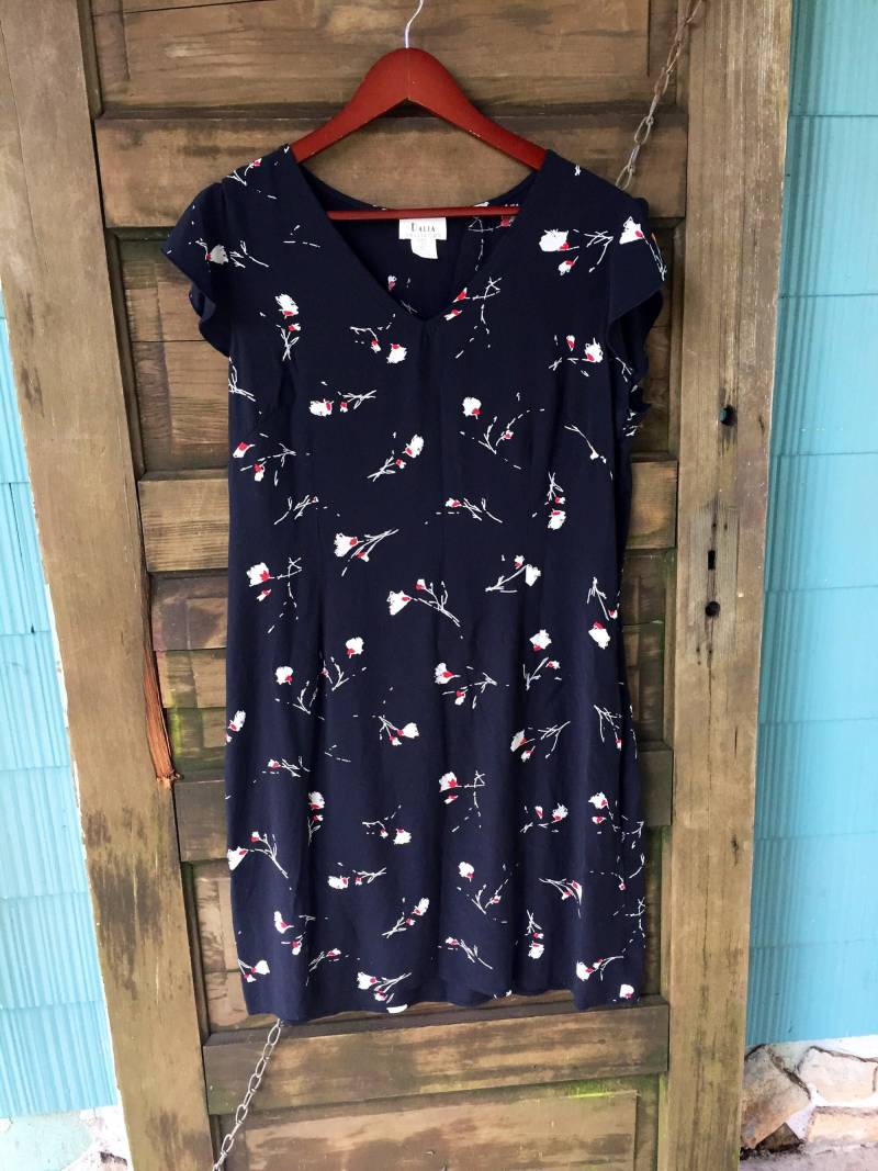 Vintage 90Er Jahre Floral Print Flattern Ärmel Etuikleid Größe 16 Xl Von Dahlia Collection von FossilizedFeather